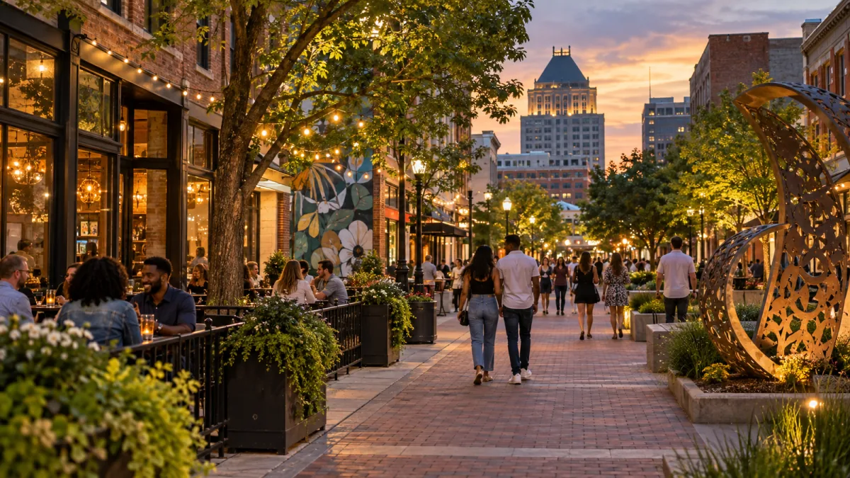 People enjoying a vibrant downtown at sunset